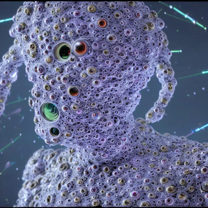 Image similar to a cybernetic symbiosis of a single astronaut mech-organic eva suit made of pearlescent wearing knitted shiny ceramic multi colored yarn thread infected with diamond 3d fractal lace iridescent bubble 3d skin dotted covered with orb stalks of insectoid compound eye camera lenses floats through the living room, film still from the movie directed by Denis Villeneuve with art direction by Salvador Dalí, wide lens,kevlar,carbon fiber,ceramics,gaseous materials,