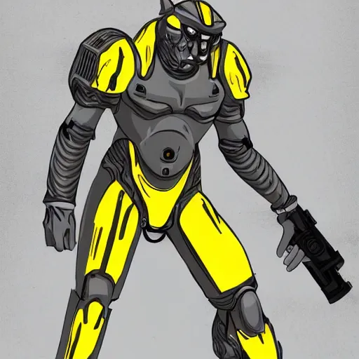 Prompt: a humanoid tiger in futuristic body armor and grey fur, highly detailed, yellow eyes, teeth that protrude past their lower jaw holding a plasma rifle