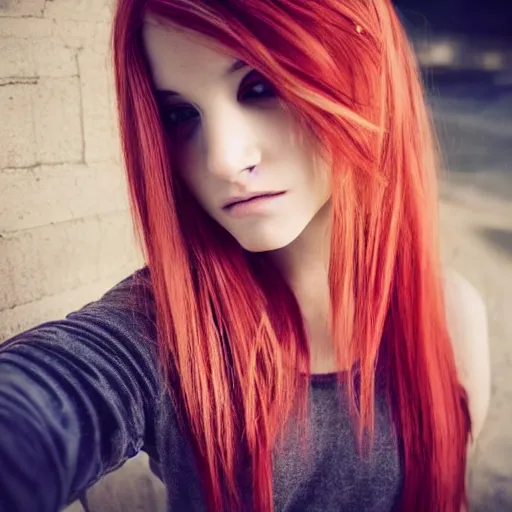 Image similar to photoshoot portrait of a teen emo girl, blonde and red ombre hair, flawless features, pale skin, beautiful beautiful beautiful secret selfie, tyftt, prime