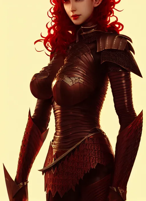 Image similar to leather armor!!! beautiful and elegant curly red hair female elf!! gorgeous ayes!! character concept art, sharp focus, octane render! unreal engine 5! highly rendered!! trending on artstation!! detailed linework!! illustration by artgerm, wlop, and chie yoshii