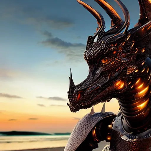 Image similar to chest up shot, realistic detailed stunning beautiful armored humanoid robot anthropomorphic female dragon, looking to the side with an elegant pose of hand on hip, smooth and streamlined armor and design made of steel, sharp claws and sharp teeth, high quality head, Slick LEDs, standing on two legs, on the beach during sunset, high quality, cinematic art, sci fi, sunset lighting, 3D render, 8k, artstation, deviantart, furaffinity