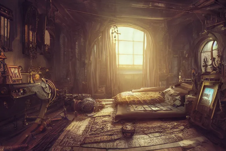 Image similar to interior of a steampunk bedroom, 3d scene, render, ultra realistic, zenith view, Greg Rutkowski, artstation, cgsociety, level design, unreal engine alien whale flying over a steampunk city, 3d scene, render, ultra realistic, zenith view, Enki Bilal style