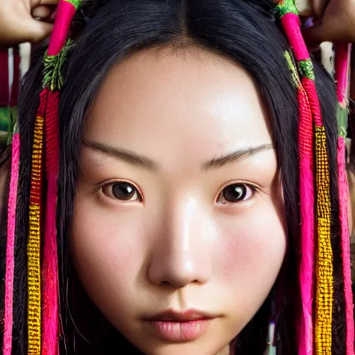 Image similar to closeup photo of a young chinese tribal woman in the style of rosie matheson