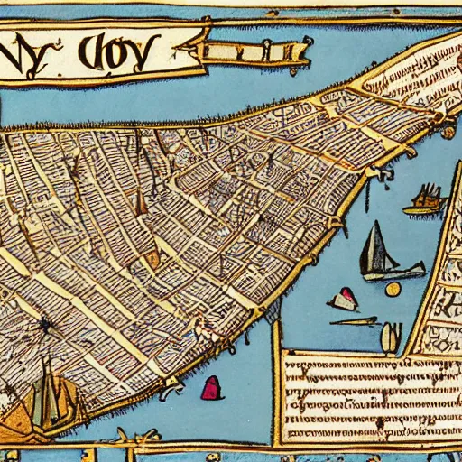 Prompt: a medieval map of new york city