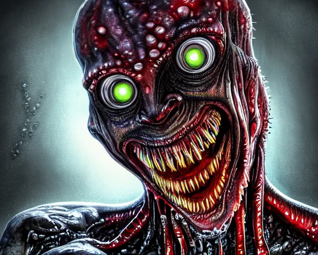 Image similar to sketch of realistic long textured demon wet humanoid alien, smoke, large alien eyes, metallic reflective human teeth dripping greenish acid saliva from teeth, thin red veins, intricate grey fish scales, ornate, cinematic light shadows, reflections, crawling in a wet sewer pipe, dim flashlight lighting, insanely detailed, fisheye lens