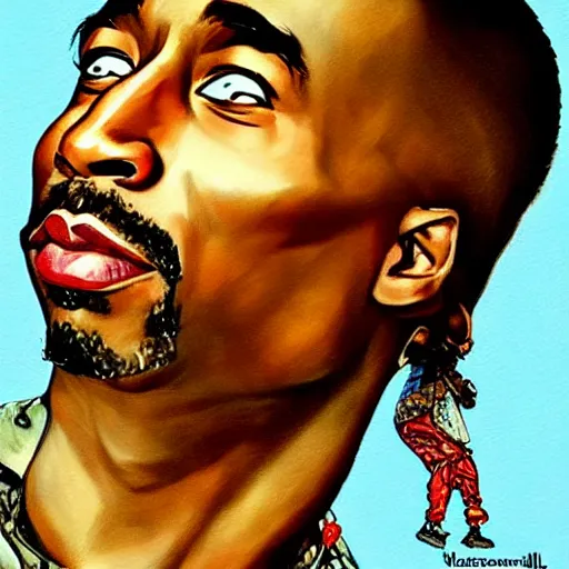 Prompt: Tupac, illustrated in whimsical style, Illustration by Norman Rockwell, loish, oil painting,