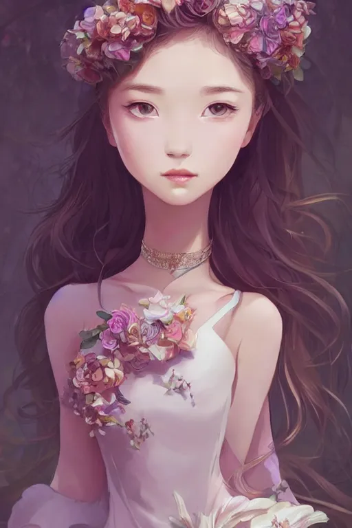 Image similar to romantic and fashion and love princess of the flower with sheath dress, 8 k realistic, teenager girl, baroque, symmetrical, flowing hair, smile, trending pinterest and pixiv, muted colors, hyperrealistic, l close up shot, character concept art, face by kyoung hwan kim, alexandra fomina, ilya kuvshinov