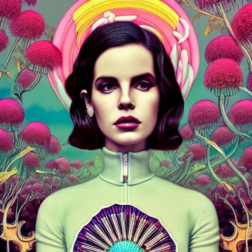 Image similar to pretty lana del rey with hallucination mushroom : : by martine johanna and simon stalenhag and chie yoshii and casey weldon and wlop : : ornate, dynamic, particulate, rich colors, intricate, elegant, highly detailed, vogue, harper's bazaar art, fashion magazine, smooth, sharp focus, 8 k, octane render,