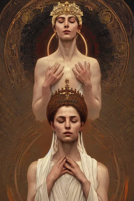 Prompt: a full body portrait of a beautiful ethereal delicate ancient greek mage queen meditative sacral pose catholic stages of the cross, intricate, elegant, highly detailed, digital painting, artstation, concept art, smooth, sharp focus, illustration, art by krenz cushart and artem demura and alphonse mucha