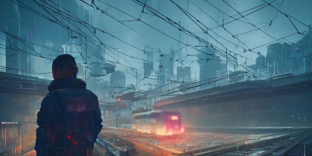 Image similar to a man standing in front of a train on a train track, cyberpunk art by mike winkelmann, trending on cgsociety, retrofuturism, reimagined by industrial light and magic, darksynth, sci - fi