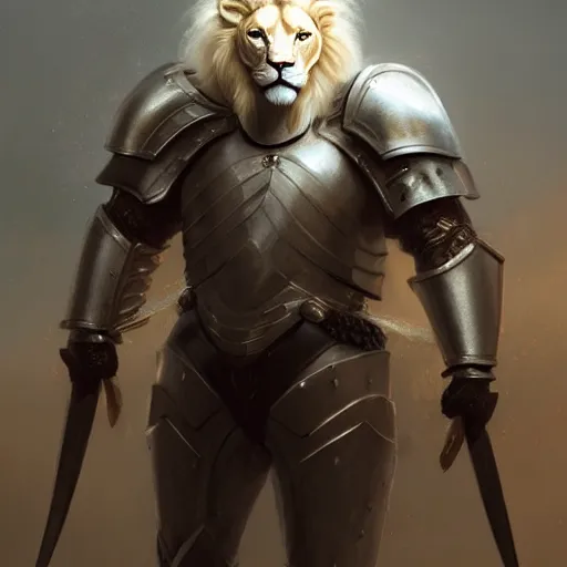 Image similar to a beautiful award winning commission of an anthro albino lion dressed in knight armour,digital art,art by greg rutkowski,character design by charles bowater,ross tran,photorealistic,highly detailed,detailed face,4k,dramatic,deviantart,artstation