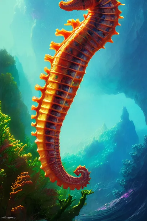 Image similar to highly detailed portrait of rainbow - colored seahorse, stephen bliss, unreal engine, fantasy art by greg rutkowski, rhads, ferdinand knab, makoto shinkai and lois van baarle, ilya kuvshinov, rossdraws, tom bagshaw, global illumination, radiant light, yellow blue theme, coral reef