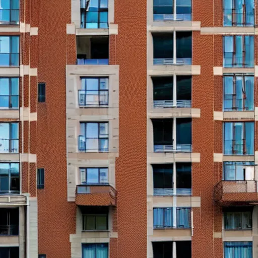 Prompt: long hair growing from windows and doors of large apartment building, the hair reaches the ground, realistic