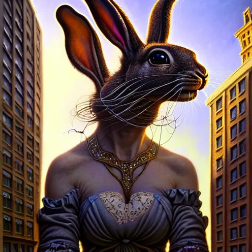 Prompt: gigantic crying bunny in the middle of downtown new york, intricate, elegant, highly detailed, centered, digital painting, artstation, concept art, smooth, sharp focus, illustration, artgerm, Tomasz Alen Kopera, Peter Mohrbacher donato giancola, Joseph Christian Leyendecker, WLOP, Boris Vallejo