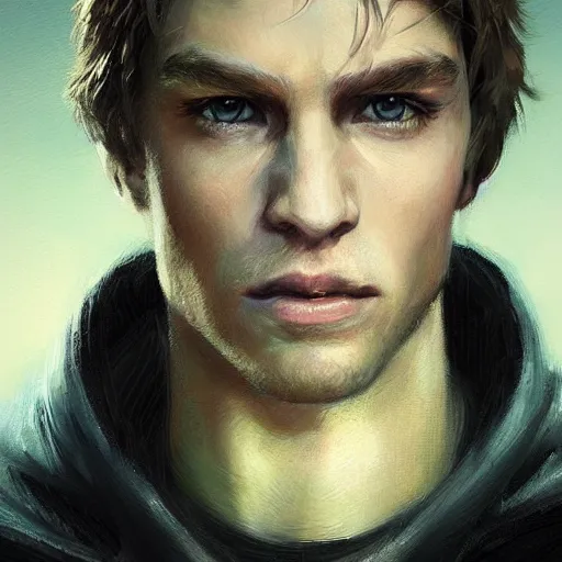 Image similar to portrait of a man by Greg Rutkowski, Cade Skywalker from Star Wars Expanded Universe, he is about 30 years old, manly, strong, messy blond hair, wearing a leather jacket, highly detailed portrait, digital painting, artstation, concept art, smooth, sharp foccus ilustration, Artstation HQ