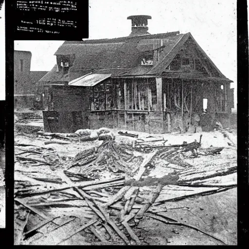 Prompt: black and white grainy newspaper photo from 1898 of a city building halfway buried in mud