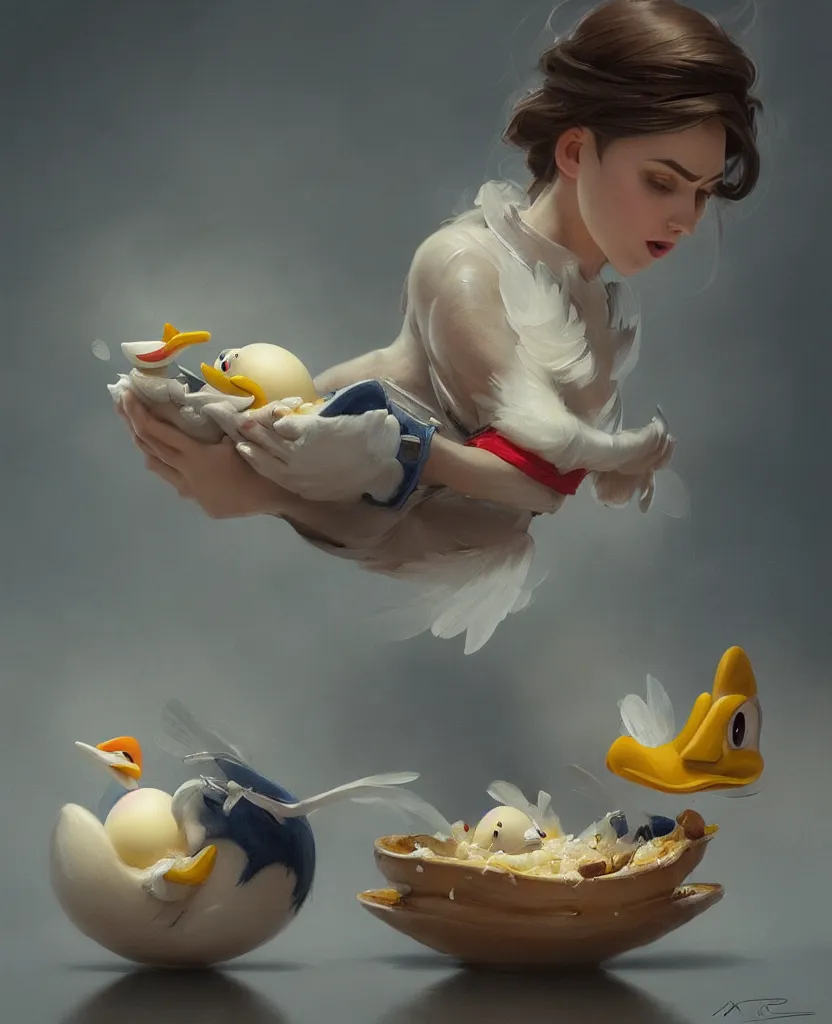 Image similar to realistic photography of a disgusted donald duck eating dirty eggs, deep focus, intricate, elegant, highly detailed, foggy, misterious, digital painting, artstation, concept art, matte, sharp focus, illustration, art by artgerm and greg rutkowski and alphonse mucha