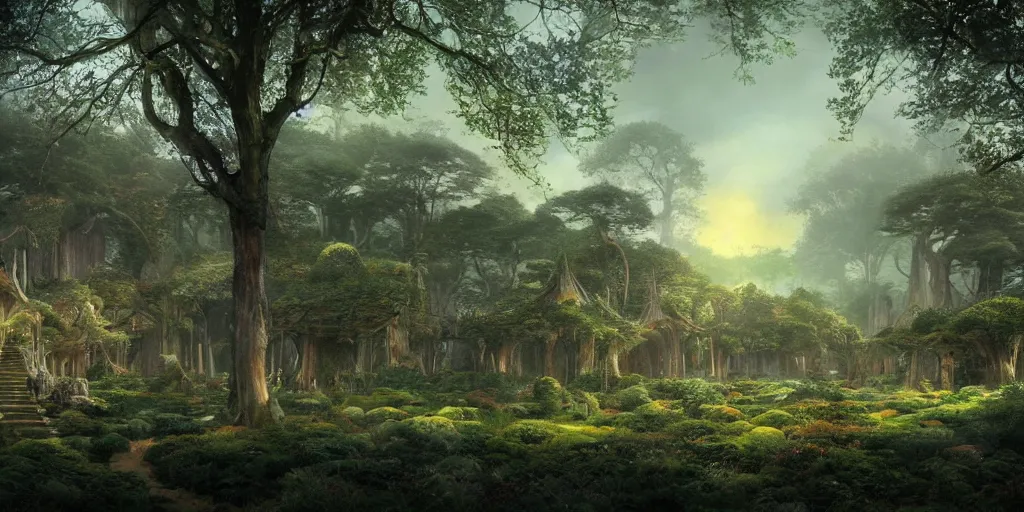Image similar to Lothlórien with elven homes on trees, evening, detailed matte painting, cinematic, Alan Lee, Artstation