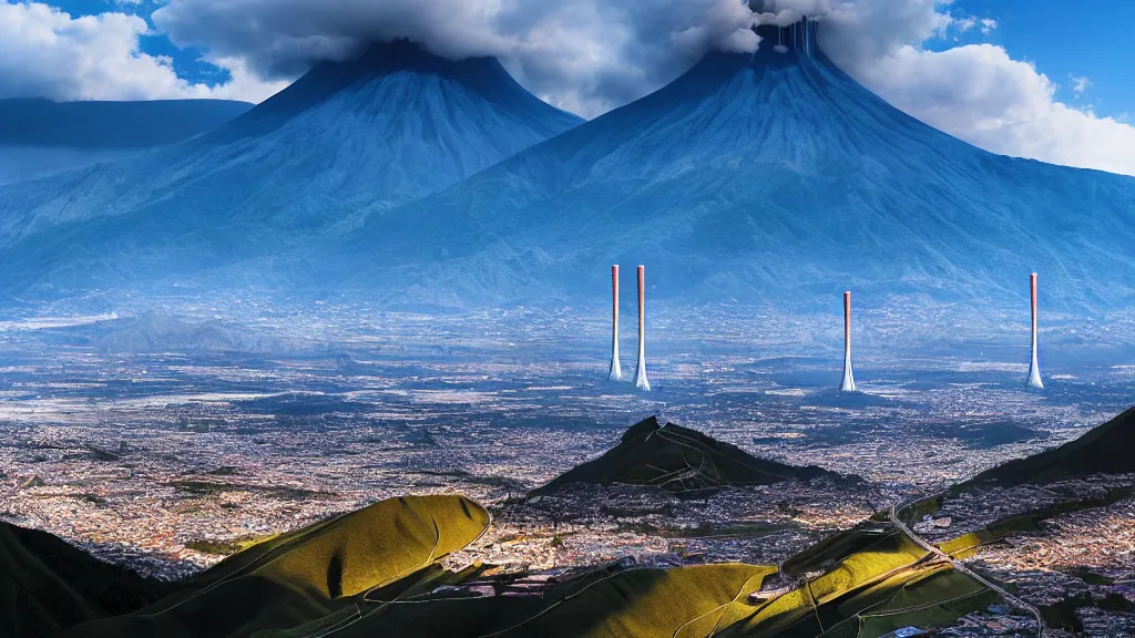 Prompt: Epic Nuclear power towers gracefully over the mountain valley of Quito, Ecuador; by Oswaldo Moncayo and Vincent Callebaut; oil on canvas; Art Direction by James Cameron; Location: Quito Ecuador 4K, 8K; Ultra-Realistic Depth Shading