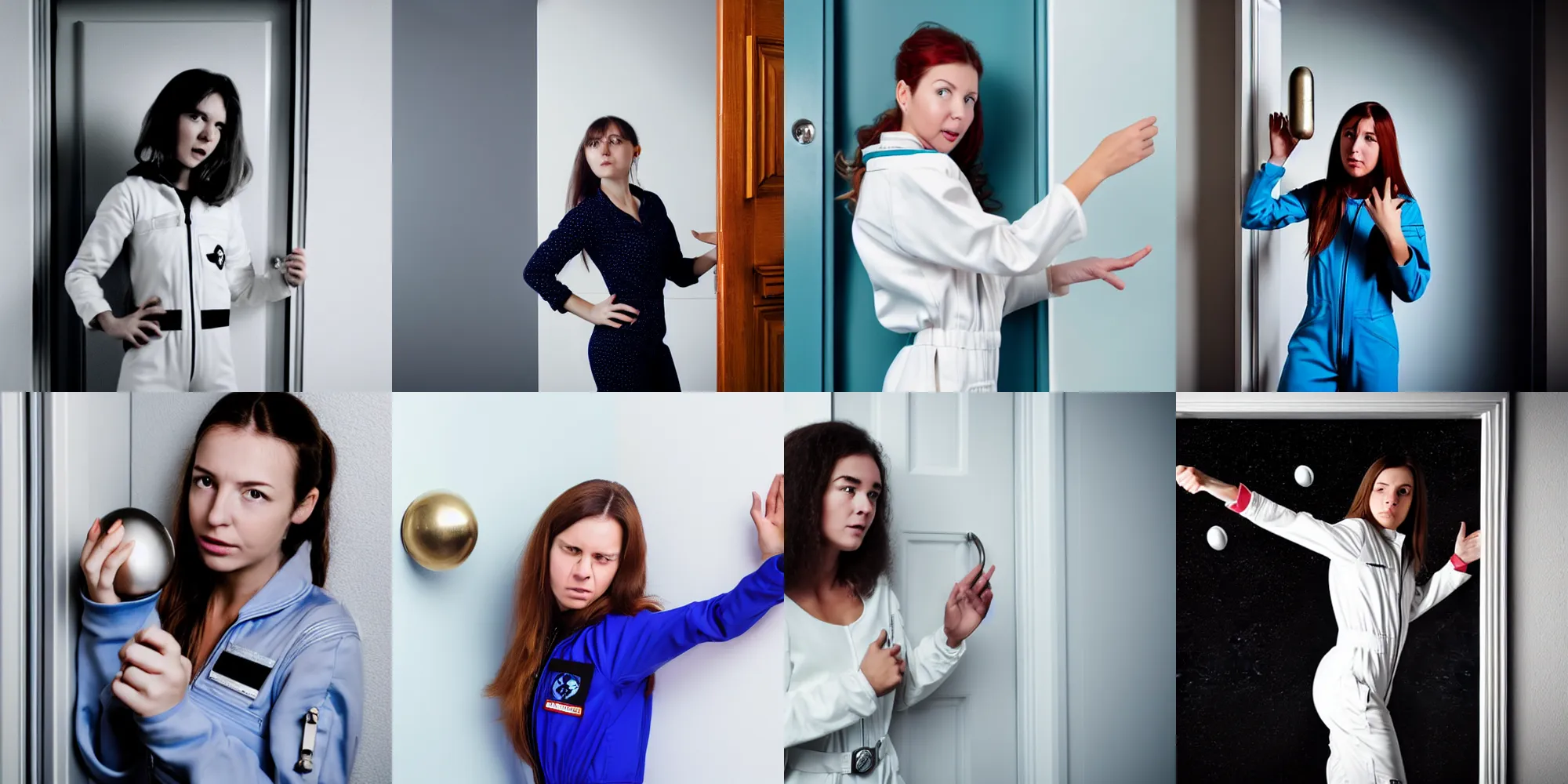 Prompt: young woman in space jumpsuit holding on to a doorknob, leaving a room, annoyed expression, white wall complex