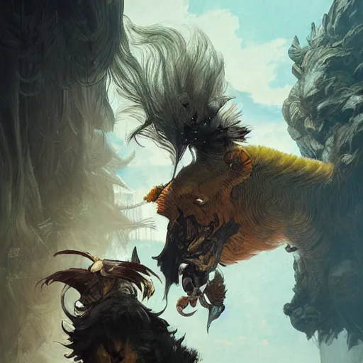 Prompt: Rajang stealing a child, intricate, elegant, sharp focus, illustration, highly detailed, digital painting, concept art, matte, art by WLOP and Artgerm and Greg Rutkowski and Alphonse Mucha, masterpiece