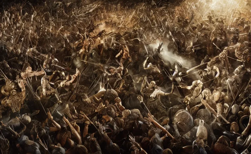 Image similar to stunning photograph of the battle of the pelennor fields, detailed, by erwin olaf, joop geesink, jim henson, brian froud, 8 k resolution, beautiful lighting, studio light, extremely detailed, establishing shot, realistic materials, hyperrealistic