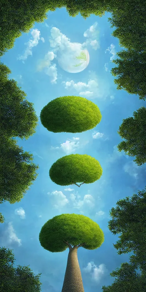 Image similar to an impossibly tall tree with an extremely long trunk and ( single pom - pom shaped canopy ) looming above a modern neighborhood, viewed from below, digital illustration by artgerm and rutkowski and kunstler, surreal, photorealistic