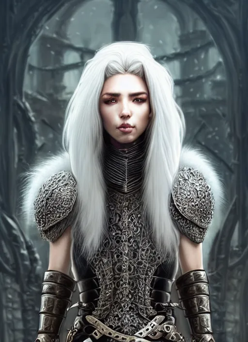 Prompt: fur leather armor!!! long wild white hair!! covered chest!!! fantasy, d & d, intricate ornate details, symmetry, concept art, sharp focus, illustration, art by artgerm! greg rutkowski magali villeneuve wlop! ilya kuvshinov!!, octane render, unreal engine 5, highly rendered!!