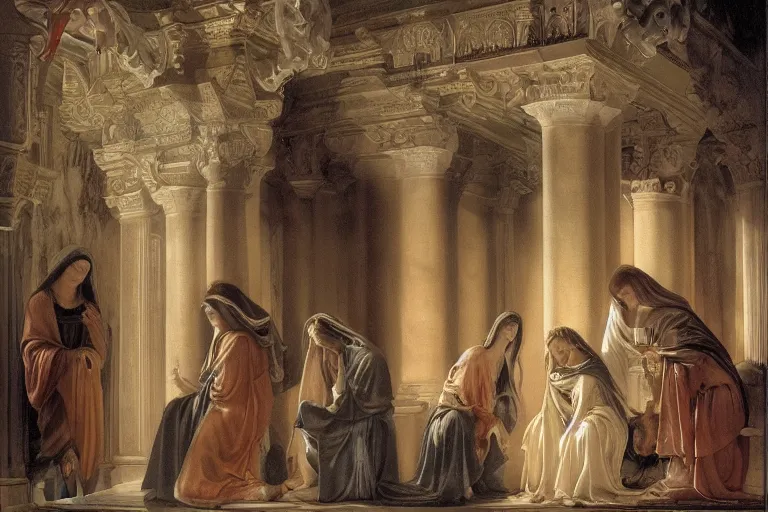 Prompt: inside the sepulchre, dark scene, light coming in from the left, steps leading down, 3 marys crouching in colored robes at the tomb | medium close | fibonacci composition, by artgerm, sophie anderson, rubens