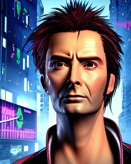 Prompt: David Tennant in the role of Johnny Silverhand from Cyberpunk 2077, amazing short, 8K, IMAX, ultra detailed