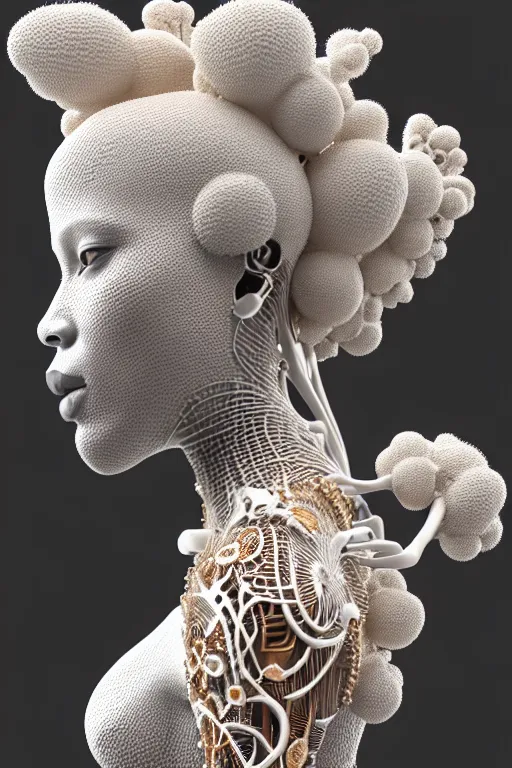 Prompt: complex 3d render ultra detailed of a beautiful porcelain profile afro woman face, biomechanical cyborg, analog, massai warrior, 150 mm lens, beautiful natural soft rim light, big leaves and stems, roots, fine foliage lace, silver white red details, Alexander Mcqueen high fashion haute couture, pearl earring, art nouveau fashion embroidered, steampunk, intricate details, mesh wire, mandelbrot fractal, anatomical, facial muscles, cable wires, microchip, elegant, hyper realistic, ultra detailed, octane render, H.R. Giger style, volumetric lighting, 8k post-production