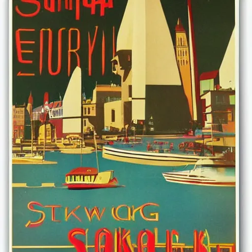 Image similar to a 1970s poster advertising Stockholm