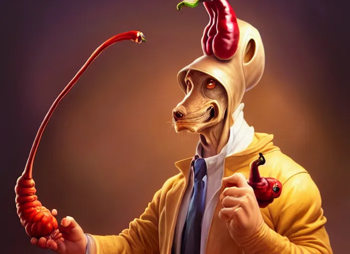 Image similar to a anthropomorphic pepper wearing a lab coat, diffuse lighting, fantasy, intricate, elegant, highly detailed, lifelike, photorealistic, digital painting, artstation, illustration, concept art, smooth, sharp focus, art by frank frazetta and marco bucci and loish and rossdraws and artgerm and alphonse mucha