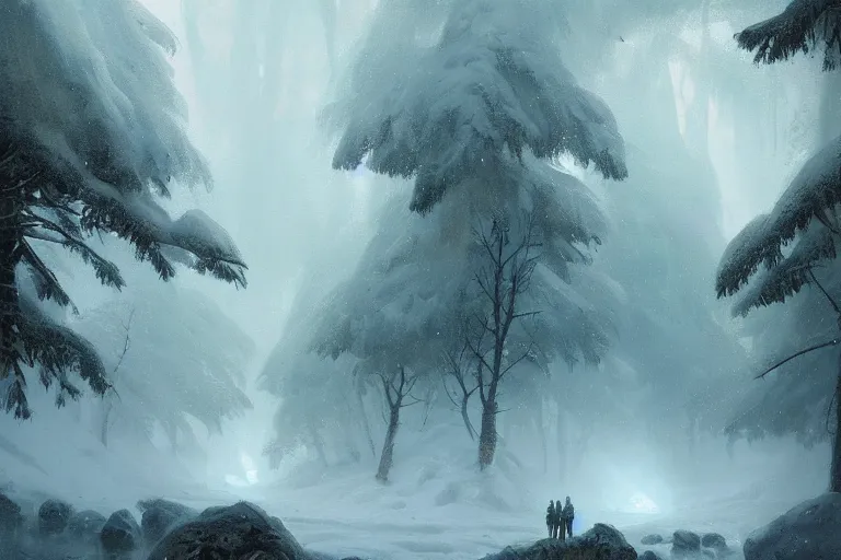 Prompt: a beautiful oil painting of a valley covered in snow, trees with green leaves, thunderstorm in the sky, blue lighting, gloomy, atmospheric lighting, detailed, beautiful!! by greg rutkowski, trending on artstation