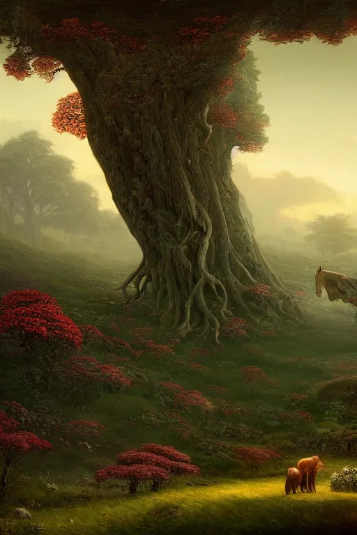 Image similar to a beautiful digital landscape painting of a detailed gothic fantasy horse and roots, dark mushroom, flowers by benoit b. mandelbrot, steven belledin, martin johnson heade, lee madgwick, caspar david friedrich, and david rios ferreira. 8 k resolution trending on artstation concept art digital illustration