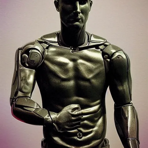 Image similar to “a realistic detailed photo of a guy who is an attractive humanoid who is half robot and half humanoid, who is a male android, baseball player Mike Trout, shiny skin, posing like a statue, blank stare”