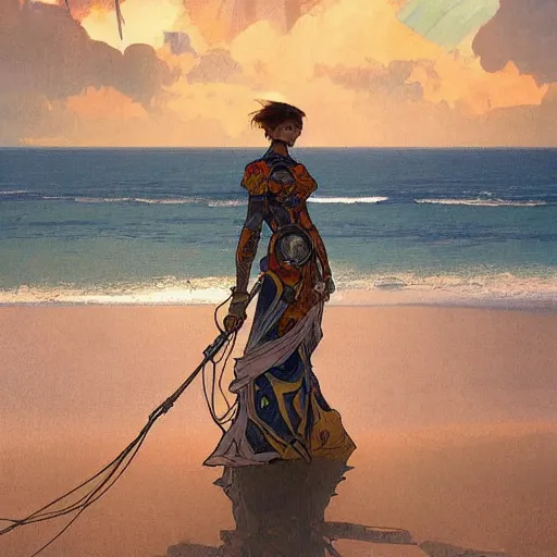 Image similar to giant robot is on an empty beach, at dusk, art by greg rutkowski and alphonse mucha. colorful, highly detailed, trending on artstation, 4 k, epic, cinematic lightning