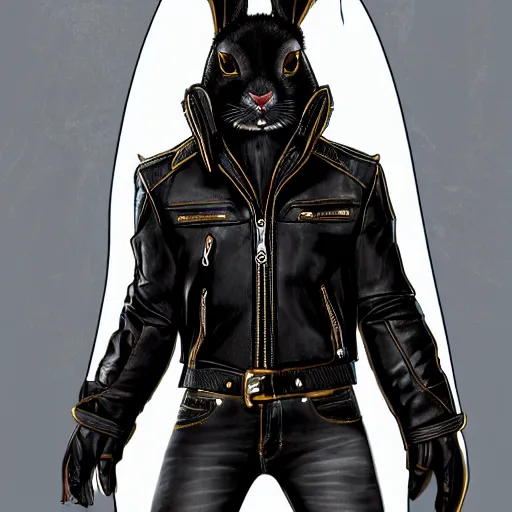 Prompt: A bunny with a small head wearing a fine intricate leather jacket and wearing fine intricate leather jeans and leather gloves, standing in front of a white background, trending on FurAffinity, energetic, dynamic, digital art, highly detailed, FurAffinity, high quality, digital fantasy art, FurAffinity, favorite, character art