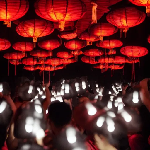 Image similar to a tiny dark black night club with five red chinese lanterns, people's silhouettes close up, wearing white t - shirts that glow in the dark, minimalism,