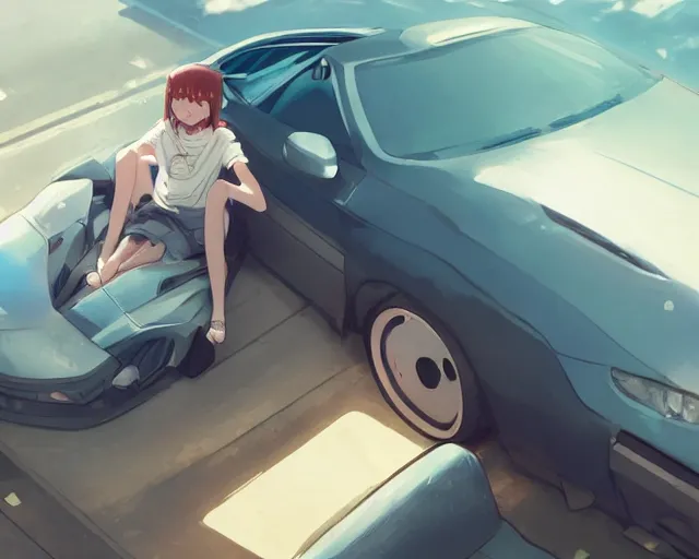 Image similar to a brunnete girl with blue eyes and puffy cheeks lying in a car accident, long shot from the top, anime art, Greg Rutkowski, studio ghibli, dramatic lighting