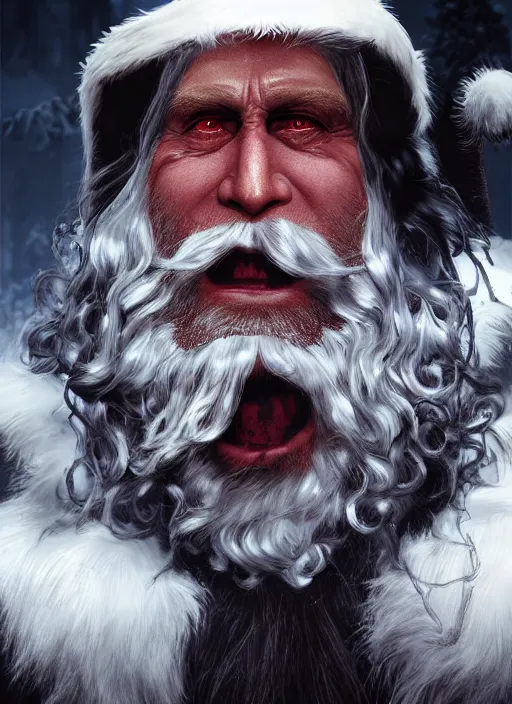 Image similar to An epic fantasy comic book style portrait painting of a long haired, evil Santa Claus played by Barry Bostwick in the abandoned North-pole fighting a Krampus monster, unreal 5, DAZ, hyperrealistic, octane render, by Greg Rutkowski, RPG portrait, dynamic lighting