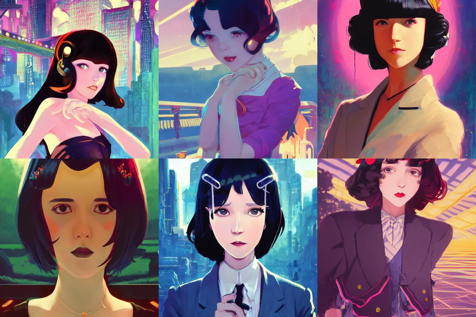 Prompt: portrait of a beautiful girl with dark hair dressed in 1920\'s fashion with a sci fi twist, solar punk city background, rich vivid colors, ambient lighting, dynamic lighting, 4k, HQ, official media, anime key visual, syd mead, makoto shinkai, ilya kuvshinov, lois van baarle, rossdraws, detailed, trending on artstation