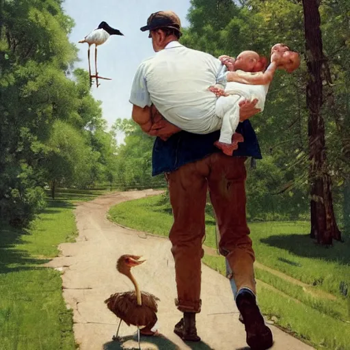 Image similar to a man is chasing away a stork. the stork is carrying a human baby. the man has a shotgun. they're in a trailer park. norman rockwell painting. highly detailed, high quality, 8 k, soft lighting, realistic face, path traced