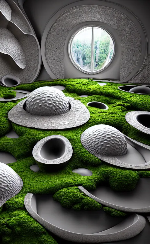 Image similar to highly detailed ultra sharp 3 d render villa interior cinematic composition of a smooth ceramic porcelain biomorphic magnolia stone nebula fluid fractal sci - fi surreal architecture landscape, granite, metallic, magnesium, marble, moss and lichen, vincent callebaut composition, mamou - mani, archviz, beautiful lighting, 8 k, unreal engine, hdr,