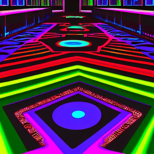 Image similar to Dark blacklight arcade carpet with neon lines and shapes, albedo game texture