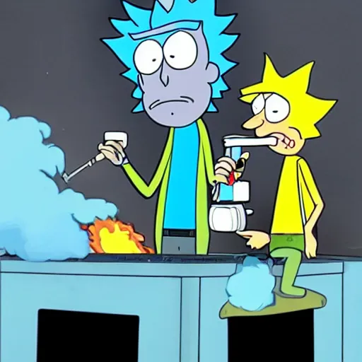 Prompt: cartoon of rick sanchez ( rick and morty ) smoking a plumber, in the style of rick and morty
