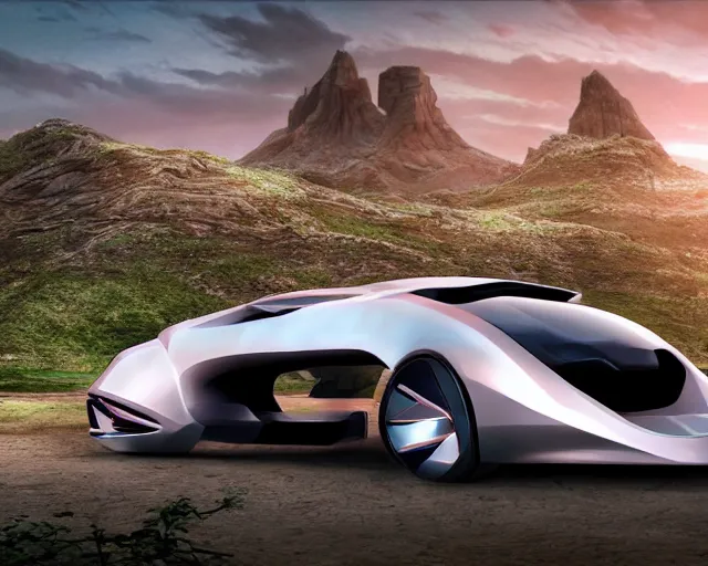 Prompt: futuristic car design, amazing concept art, award - winning photorealistic illustration in the style of the land before time. hdr 8 k