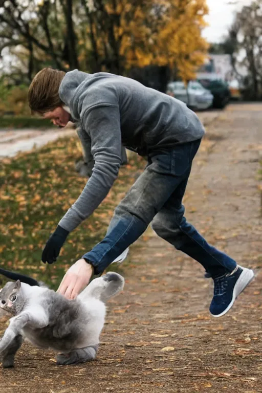 Prompt: a photo of young man falling from walking over a hairless cat