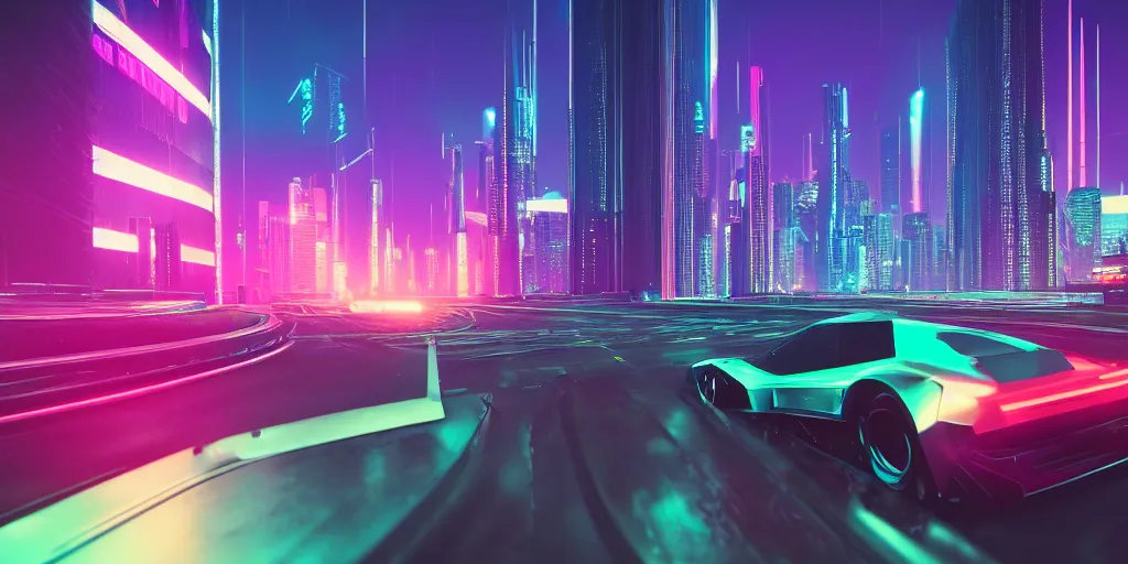 Prompt: cyberpunk car synthwave neon lights driving fast with city visible in the background, the road extends out towards the horizon, 3d render