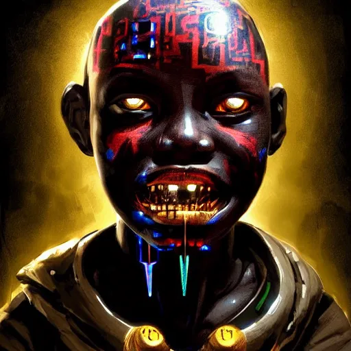 Prompt: a dark and ominous cyborg african child soldier with glowing eyes and facial scarification marks and gold teeth, Apex Legends character digital illustration portrait design, by android jones and greg rutkowski in a cyberpunk voodoo style, synthwave color scheme, detailed, cinematic lighting, wide angle action dynamic portrait